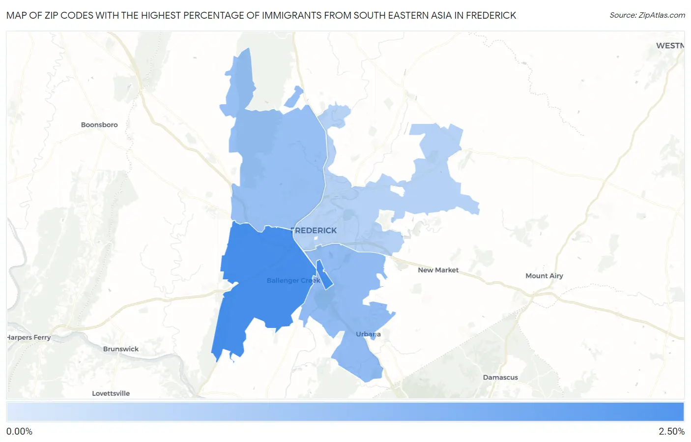 Zip Codes with the Highest Percentage of Immigrants from South Eastern Asia in Frederick Map