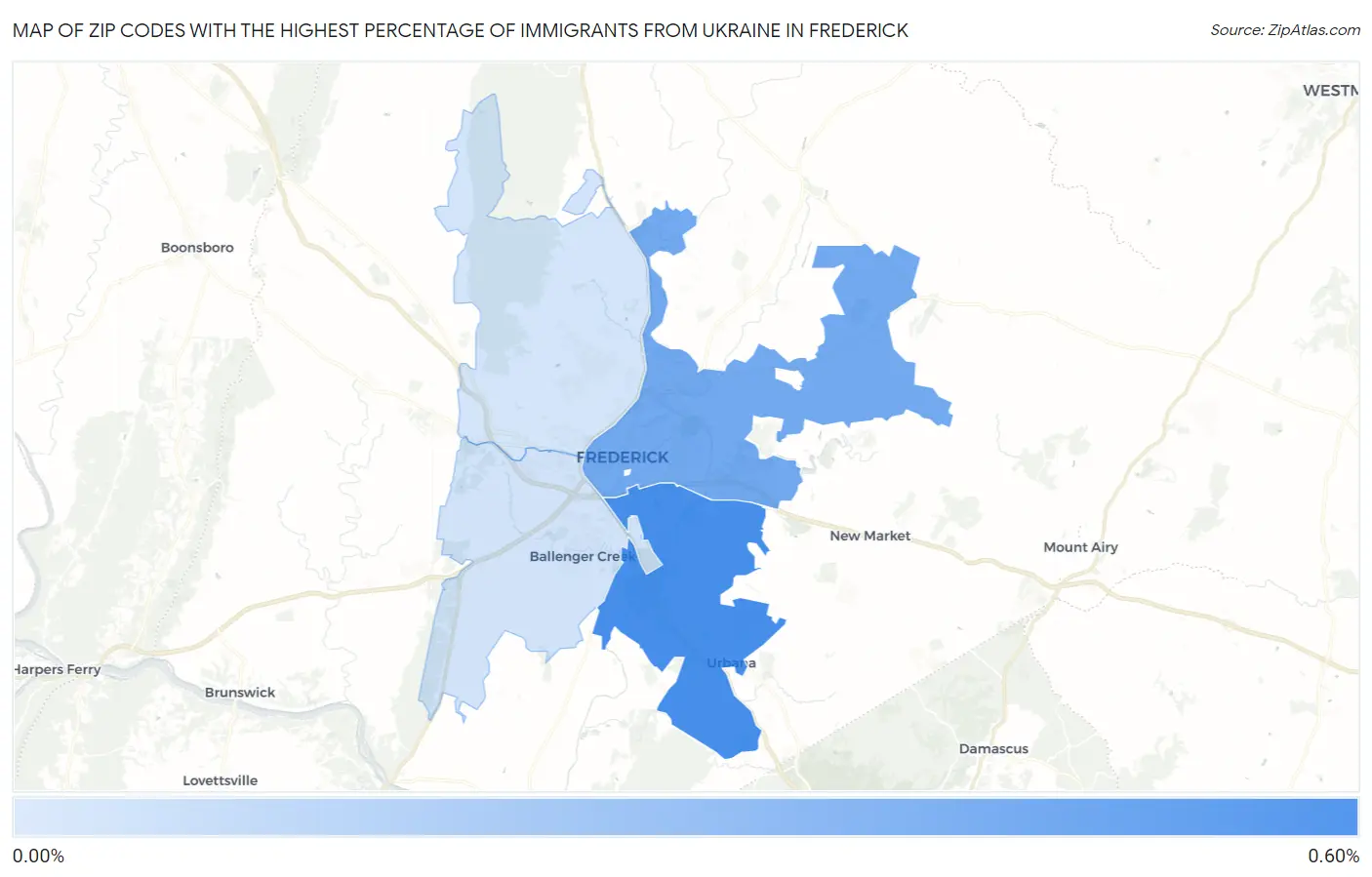 Zip Codes with the Highest Percentage of Immigrants from Ukraine in Frederick Map