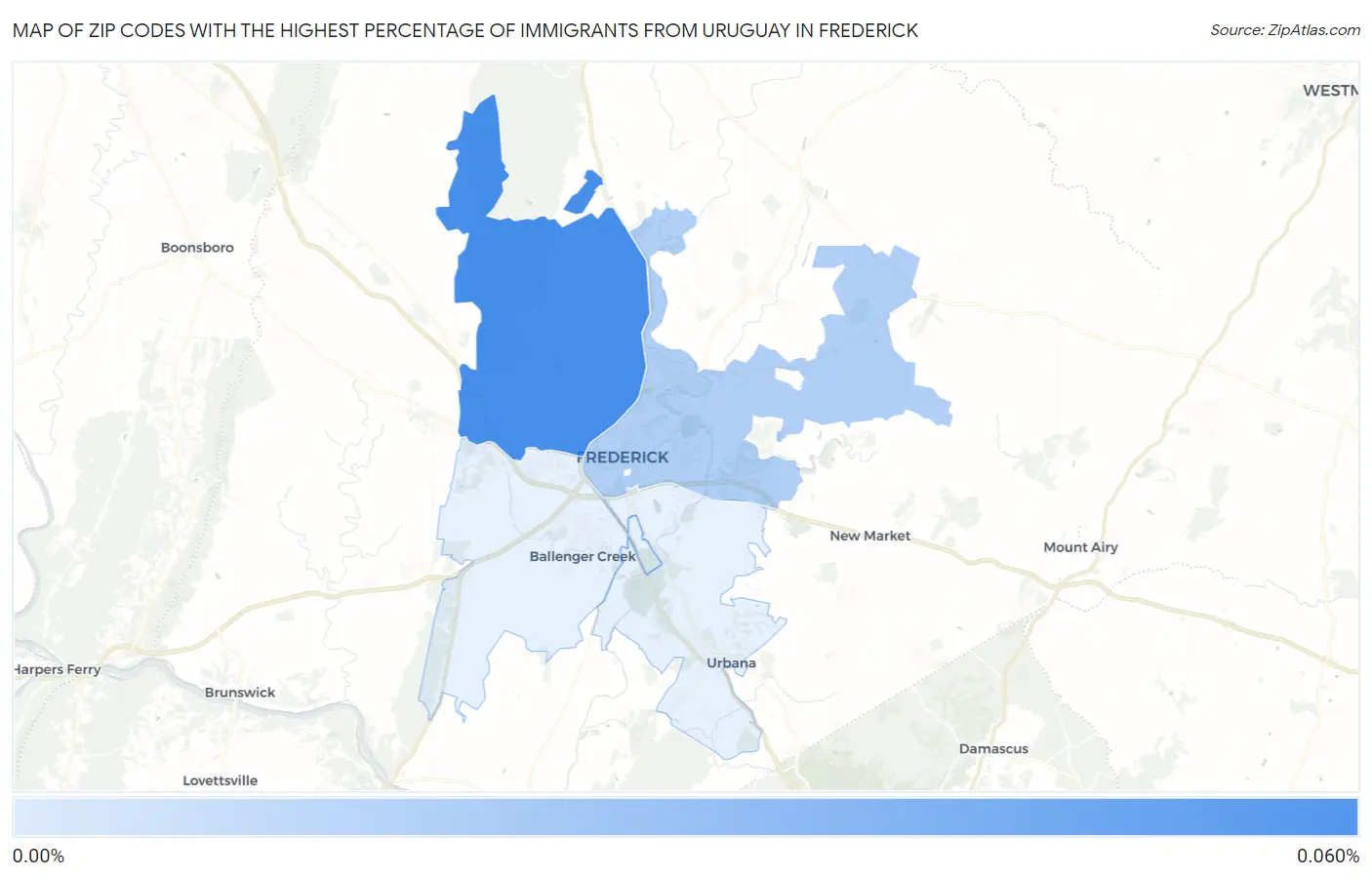 Zip Codes with the Highest Percentage of Immigrants from Uruguay in Frederick Map