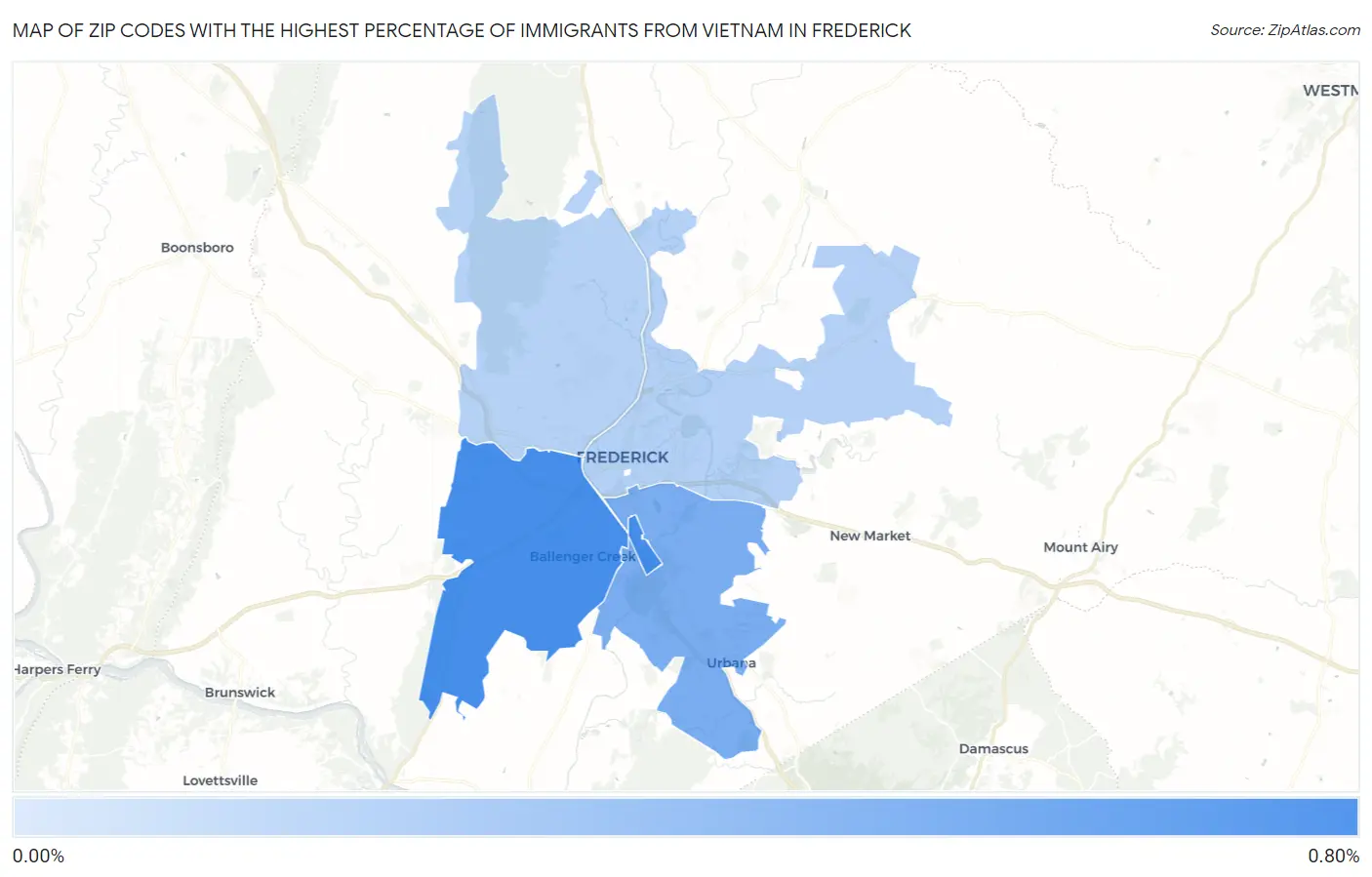Zip Codes with the Highest Percentage of Immigrants from Vietnam in Frederick Map