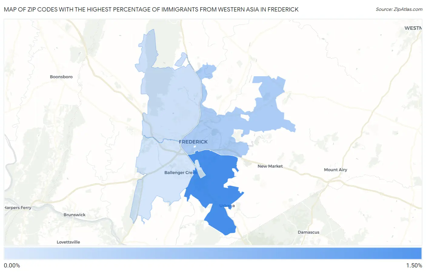 Zip Codes with the Highest Percentage of Immigrants from Western Asia in Frederick Map