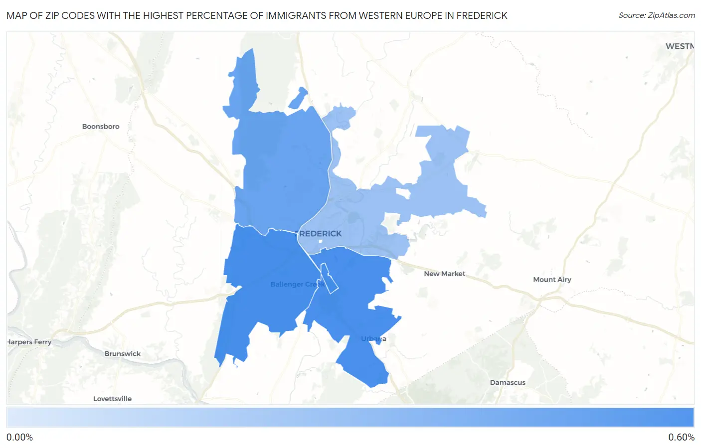Zip Codes with the Highest Percentage of Immigrants from Western Europe in Frederick Map