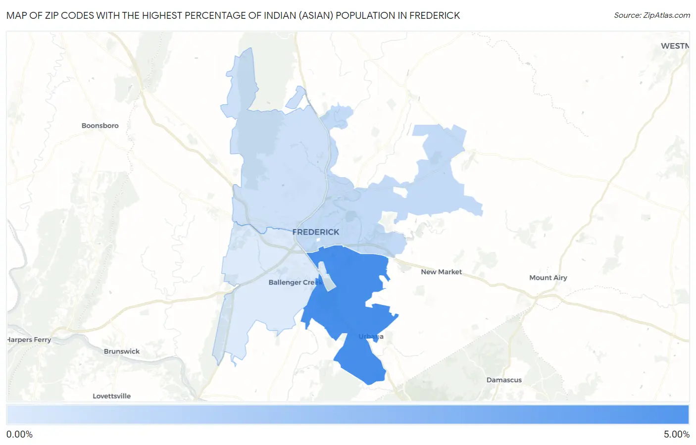 Zip Codes with the Highest Percentage of Indian (Asian) Population in Frederick Map