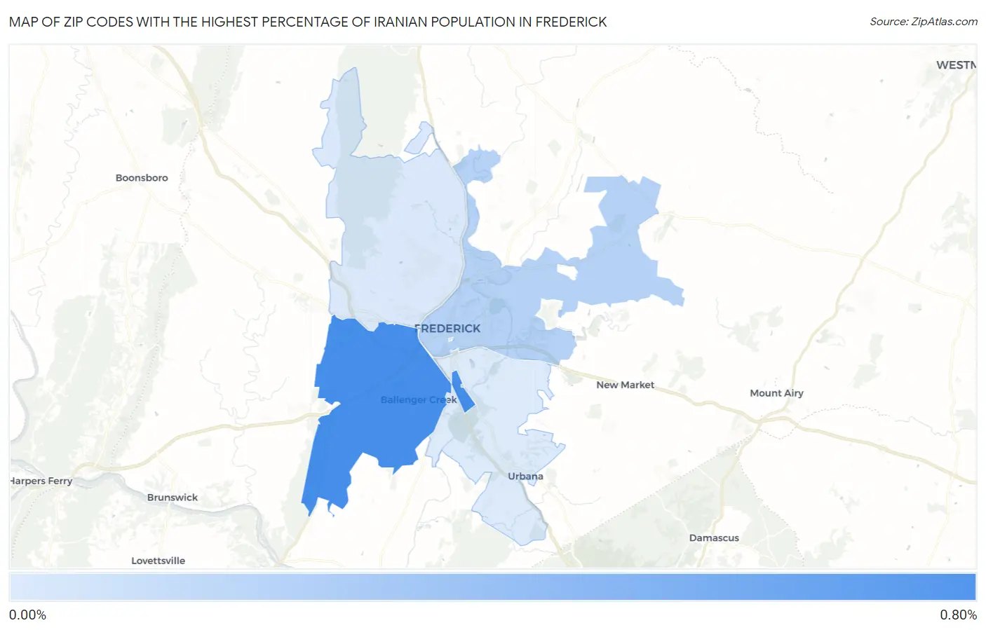 Zip Codes with the Highest Percentage of Iranian Population in Frederick Map