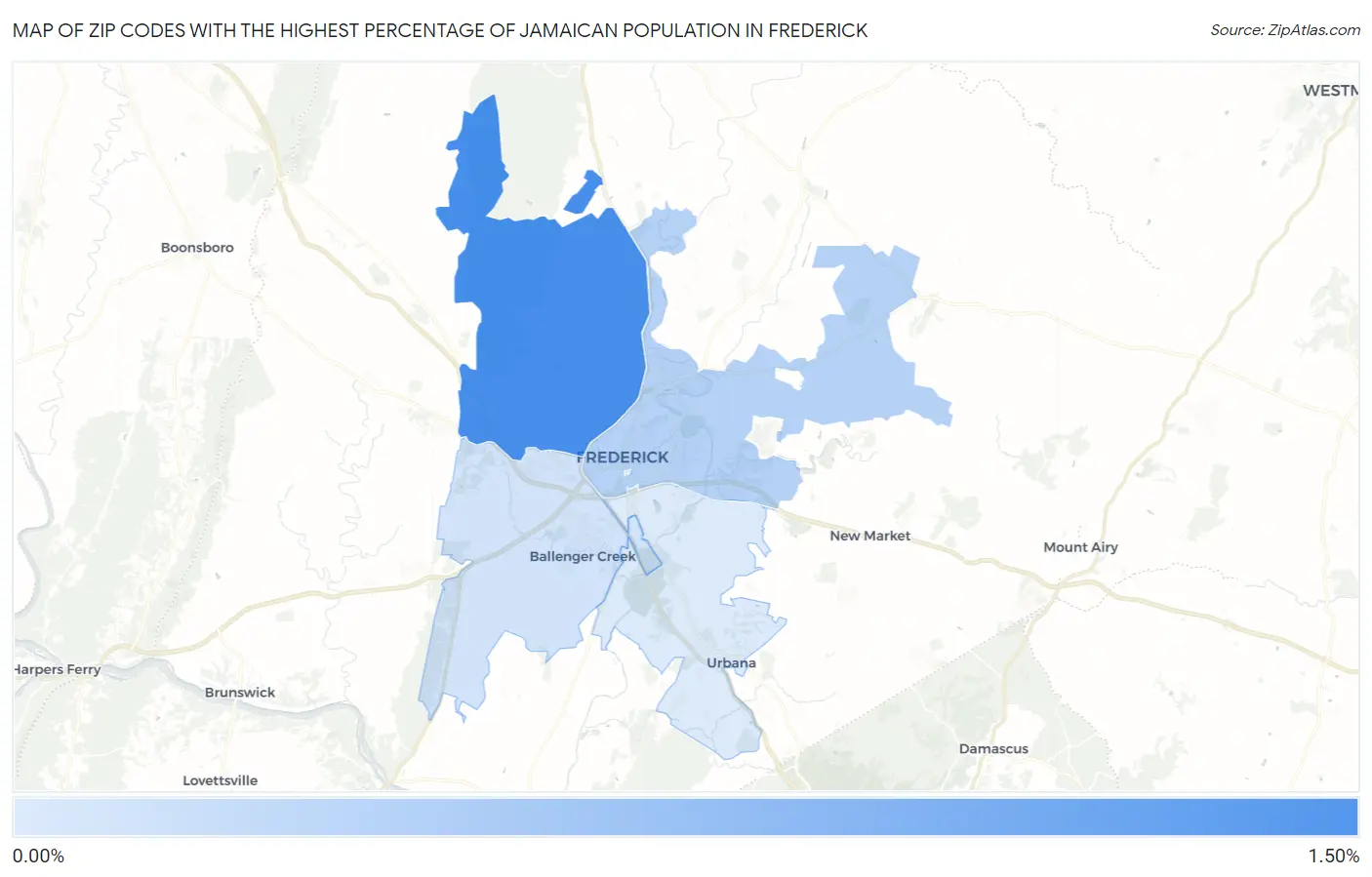 Zip Codes with the Highest Percentage of Jamaican Population in Frederick Map