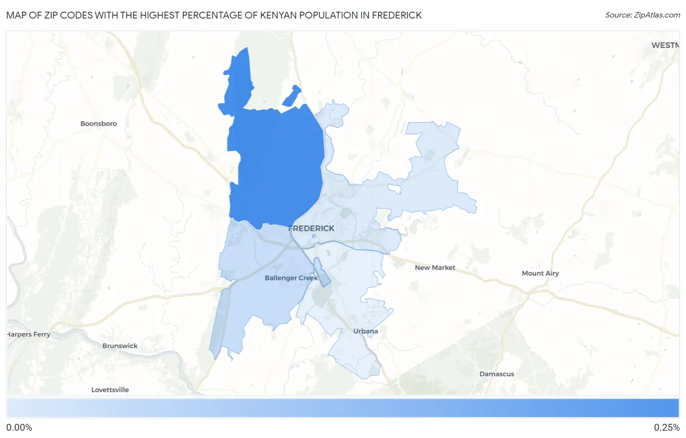 Zip Codes with the Highest Percentage of Kenyan Population in Frederick Map