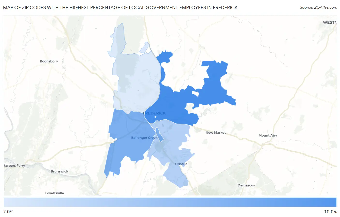Zip Codes with the Highest Percentage of Local Government Employees in Frederick Map
