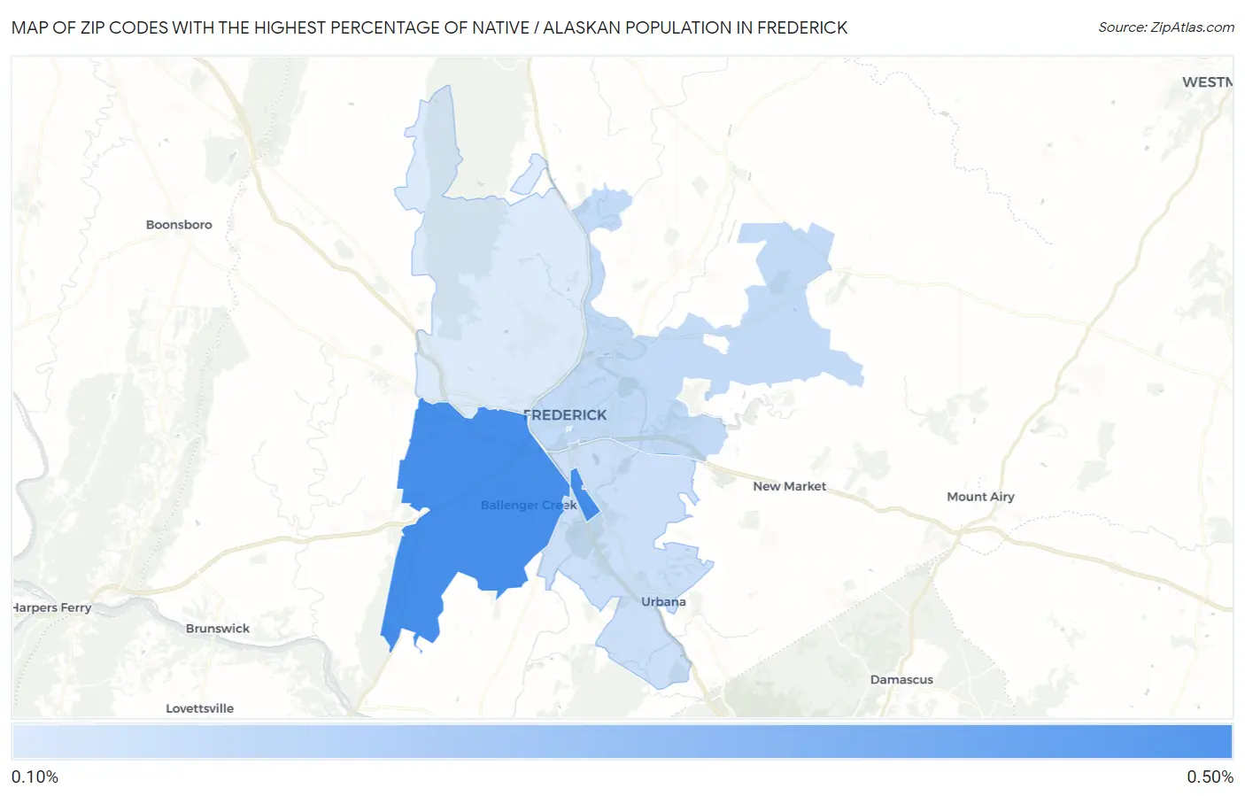 Zip Codes with the Highest Percentage of Native / Alaskan Population in Frederick Map