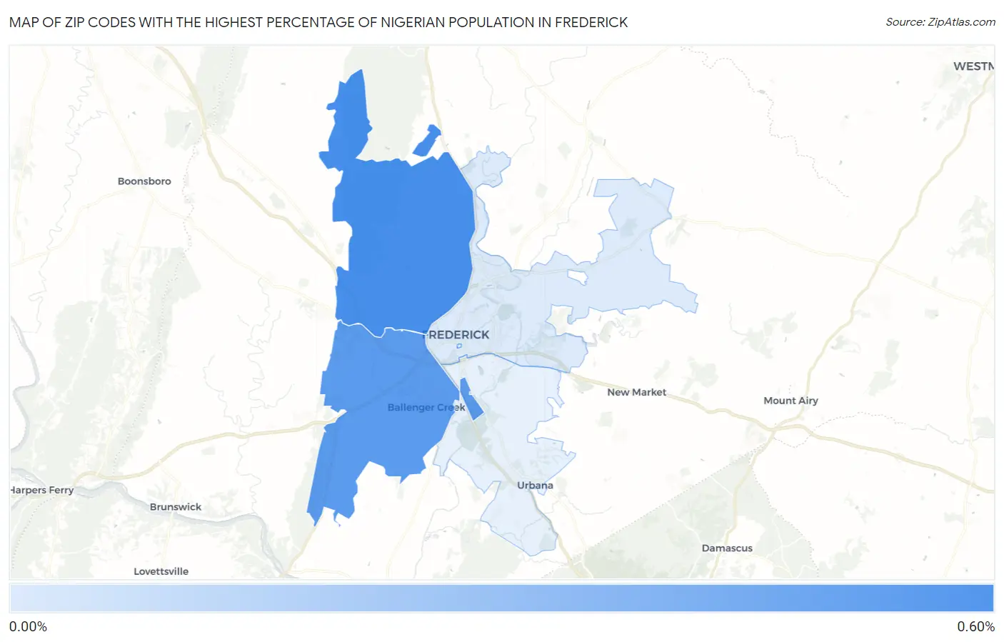 Zip Codes with the Highest Percentage of Nigerian Population in Frederick Map