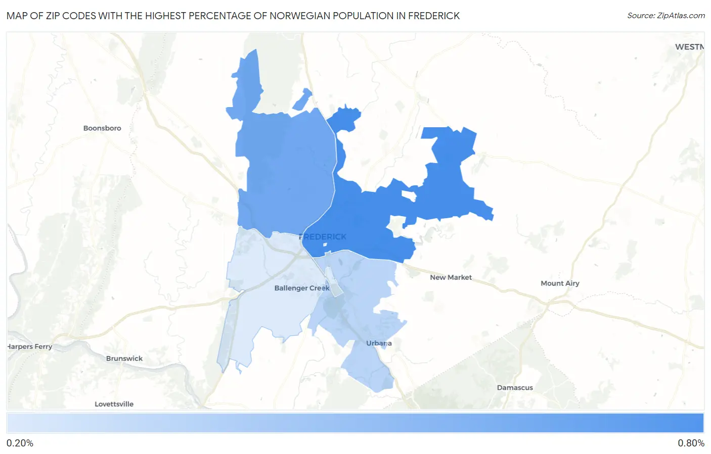 Zip Codes with the Highest Percentage of Norwegian Population in Frederick Map