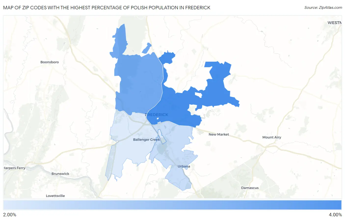 Zip Codes with the Highest Percentage of Polish Population in Frederick Map