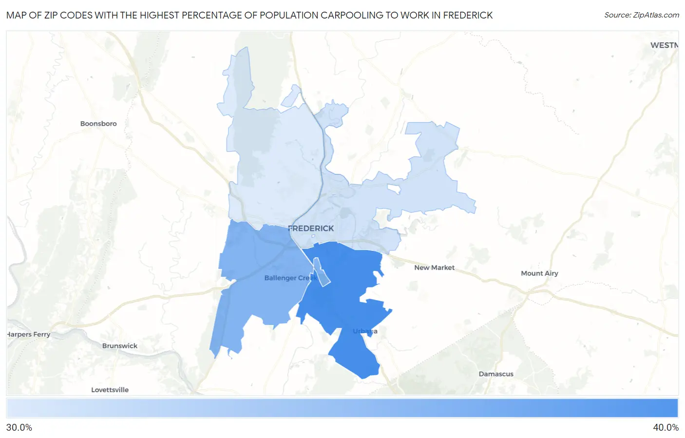 Zip Codes with the Highest Percentage of Population Carpooling to Work in Frederick Map