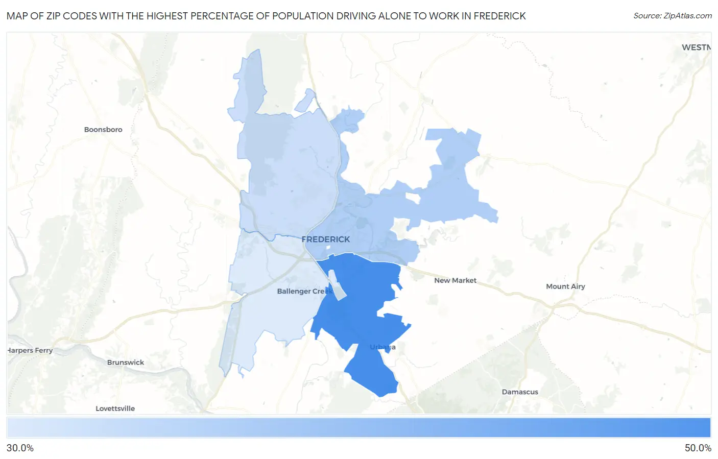Zip Codes with the Highest Percentage of Population Driving Alone to Work in Frederick Map