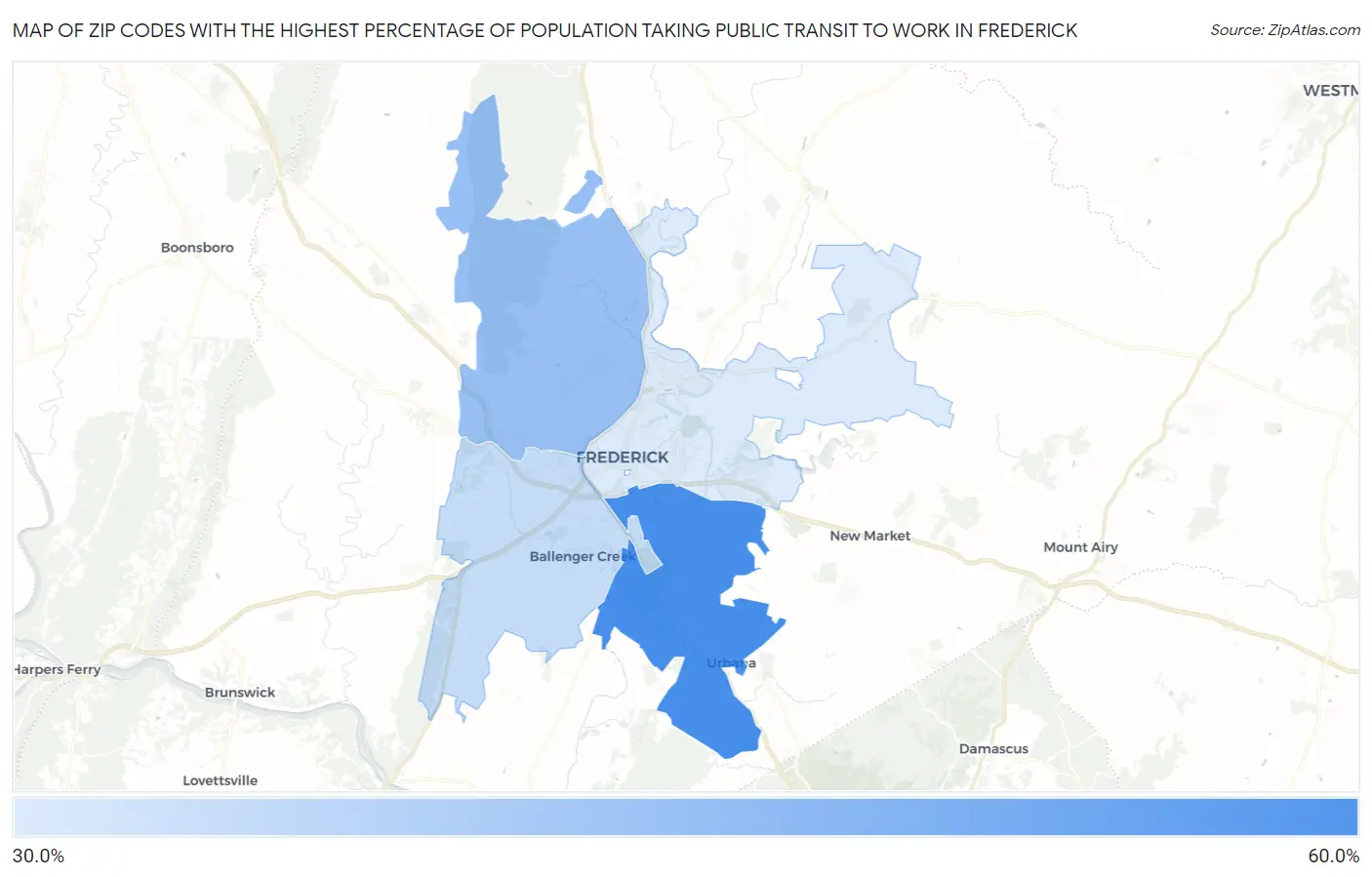 Zip Codes with the Highest Percentage of Population Taking Public Transit to Work in Frederick Map