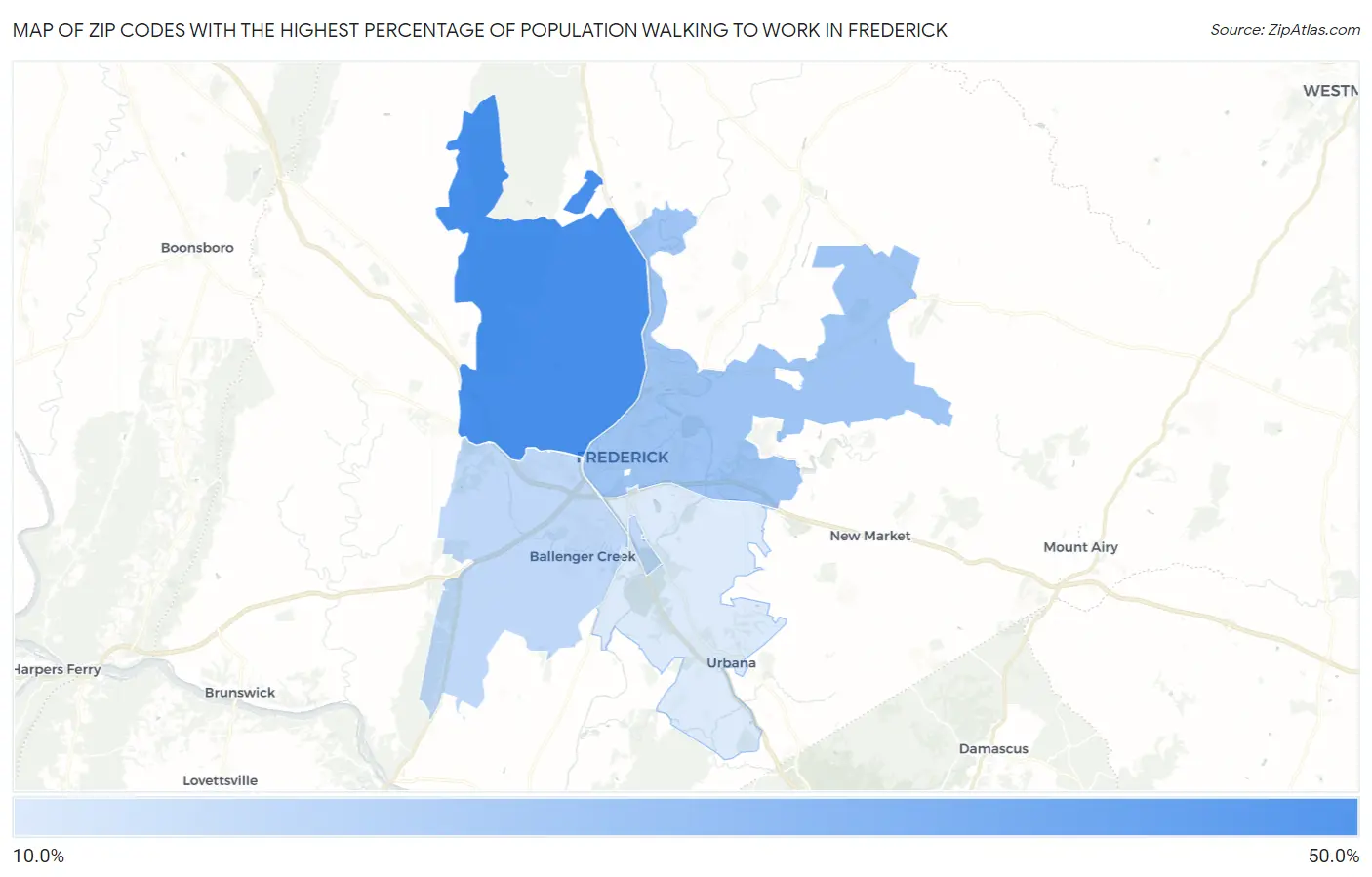 Zip Codes with the Highest Percentage of Population Walking to Work in Frederick Map