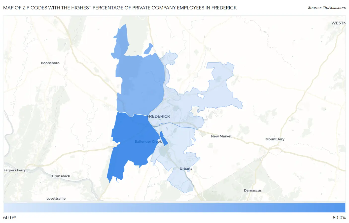 Zip Codes with the Highest Percentage of Private Company Employees in Frederick Map