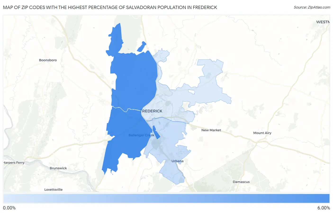 Zip Codes with the Highest Percentage of Salvadoran Population in Frederick Map