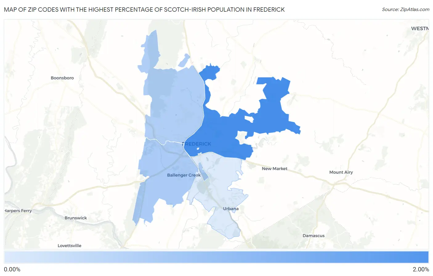 Zip Codes with the Highest Percentage of Scotch-Irish Population in Frederick Map