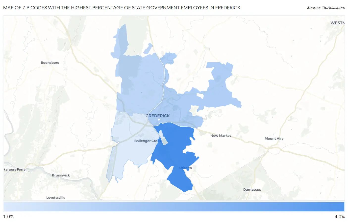 Zip Codes with the Highest Percentage of State Government Employees in Frederick Map
