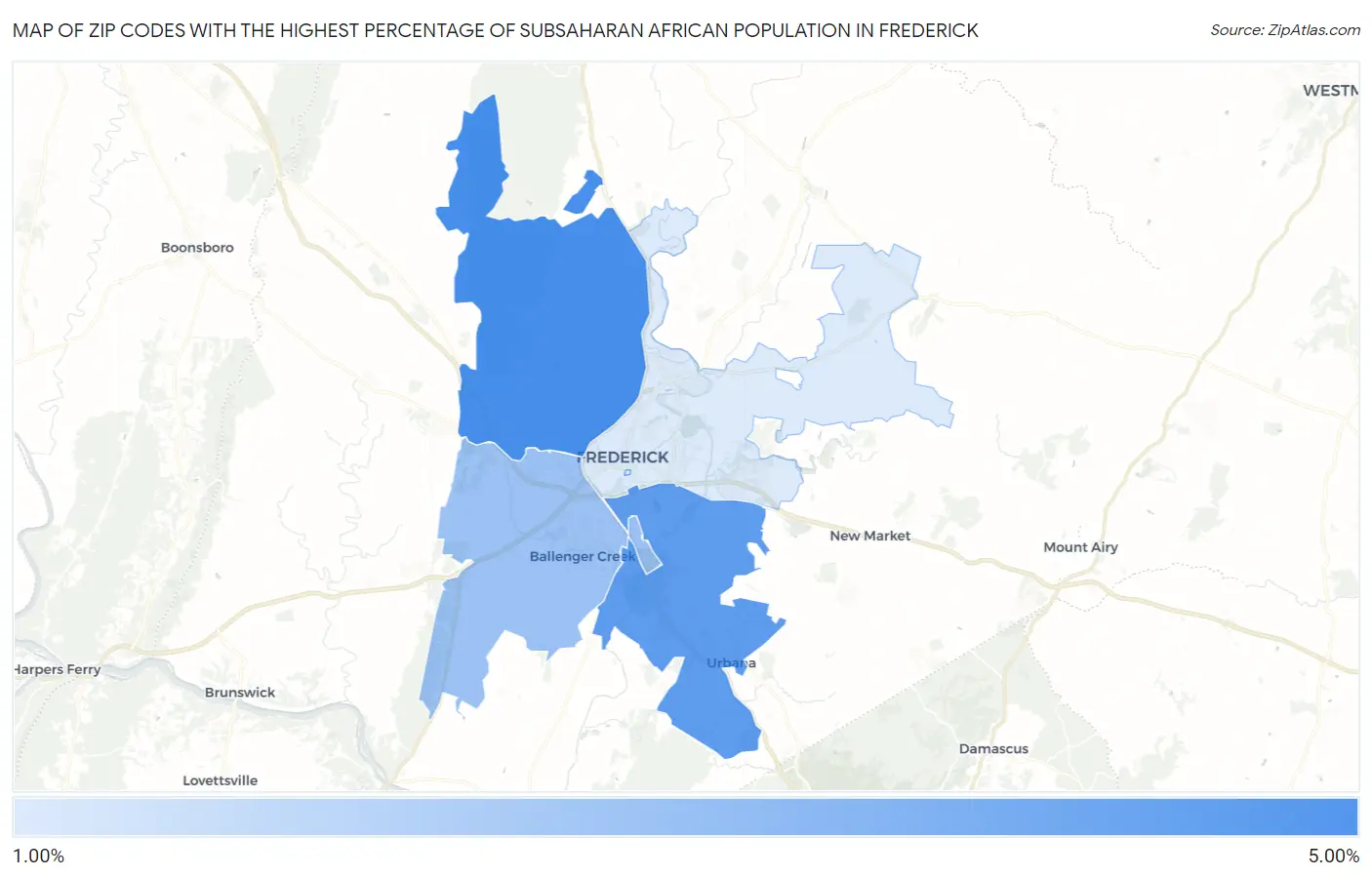 Zip Codes with the Highest Percentage of Subsaharan African Population in Frederick Map