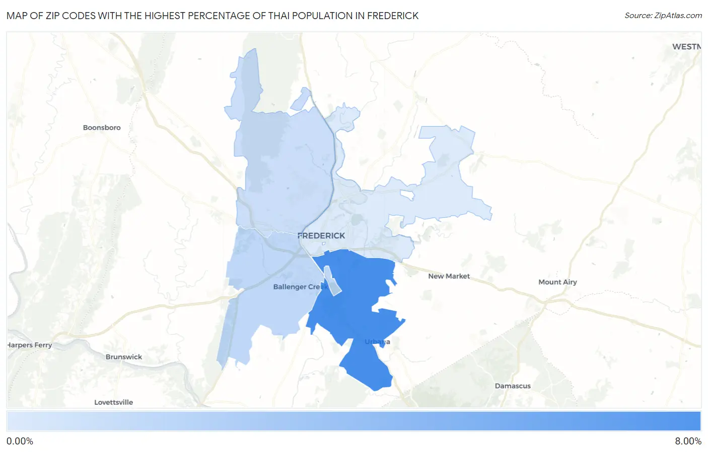 Zip Codes with the Highest Percentage of Thai Population in Frederick Map