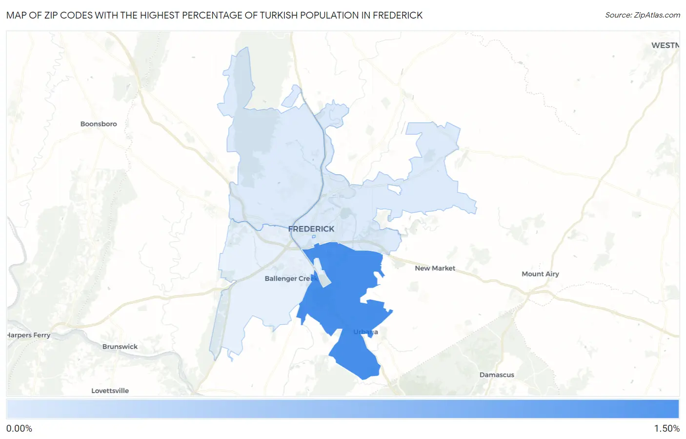 Zip Codes with the Highest Percentage of Turkish Population in Frederick Map