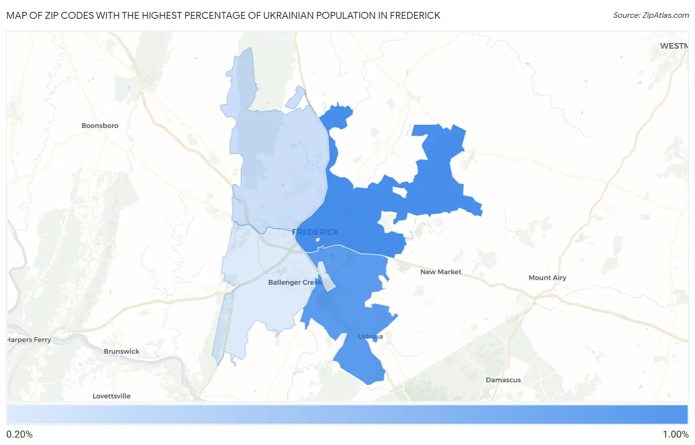 Zip Codes with the Highest Percentage of Ukrainian Population in Frederick Map