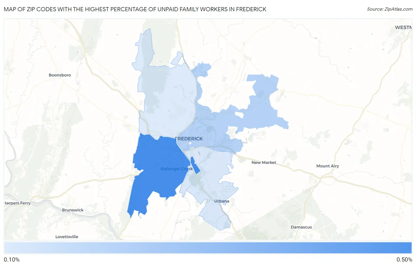 Zip Codes with the Highest Percentage of Unpaid Family Workers in Frederick Map