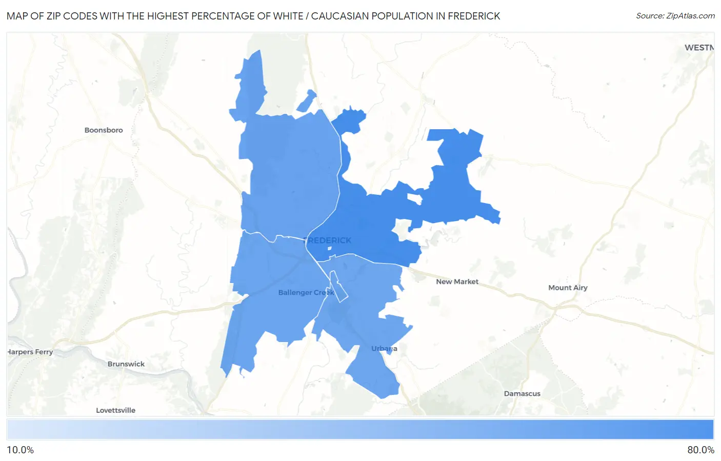 Zip Codes with the Highest Percentage of White / Caucasian Population in Frederick Map