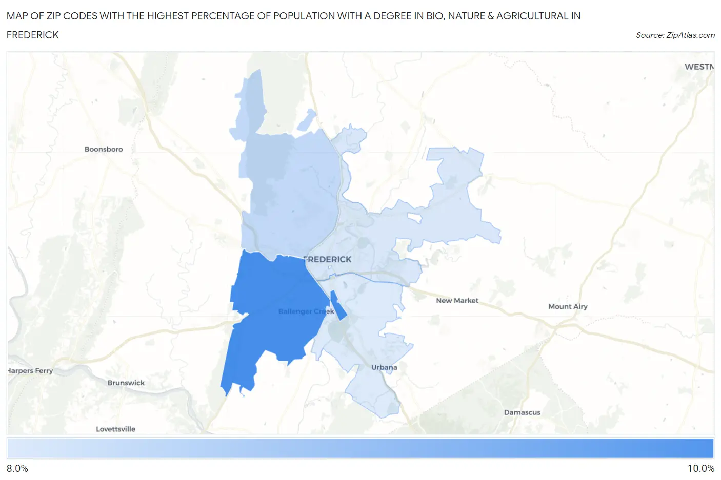 Zip Codes with the Highest Percentage of Population with a Degree in Bio, Nature & Agricultural in Frederick Map