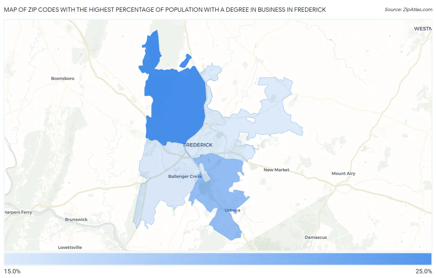 Zip Codes with the Highest Percentage of Population with a Degree in Business in Frederick Map
