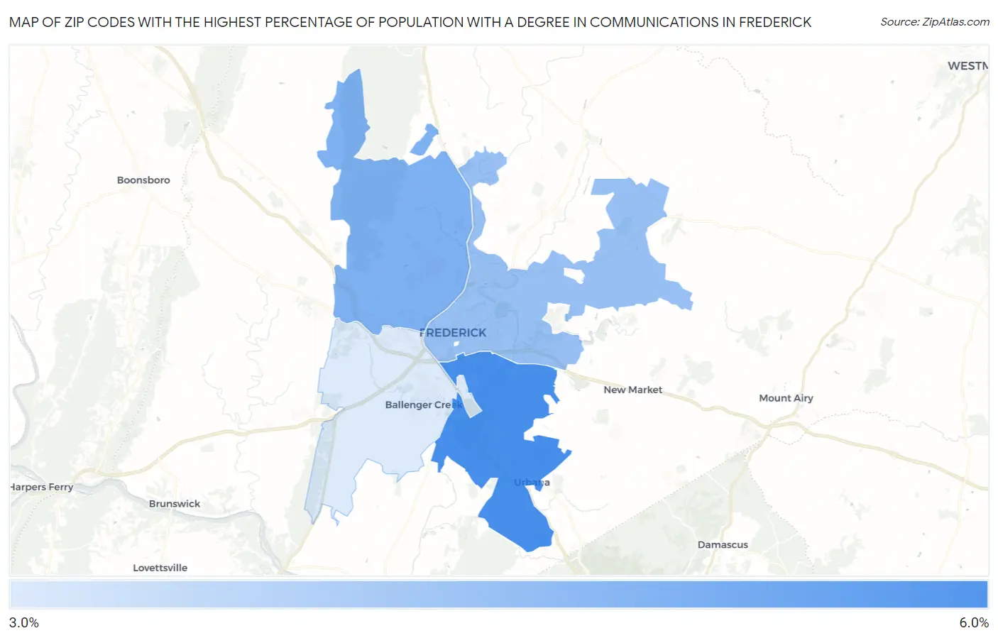 Zip Codes with the Highest Percentage of Population with a Degree in Communications in Frederick Map