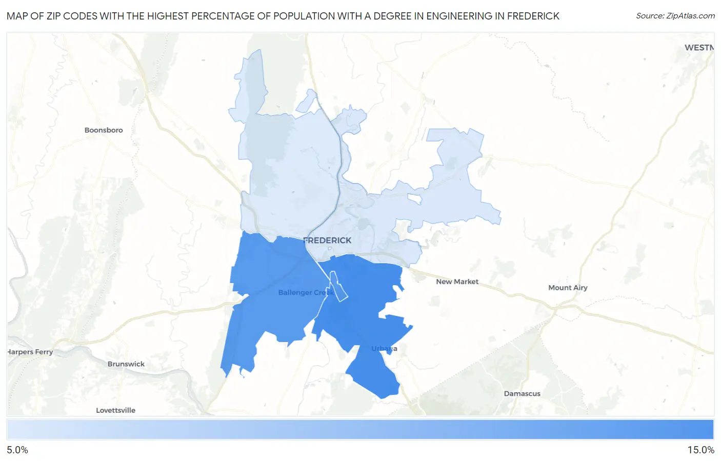 Zip Codes with the Highest Percentage of Population with a Degree in Engineering in Frederick Map