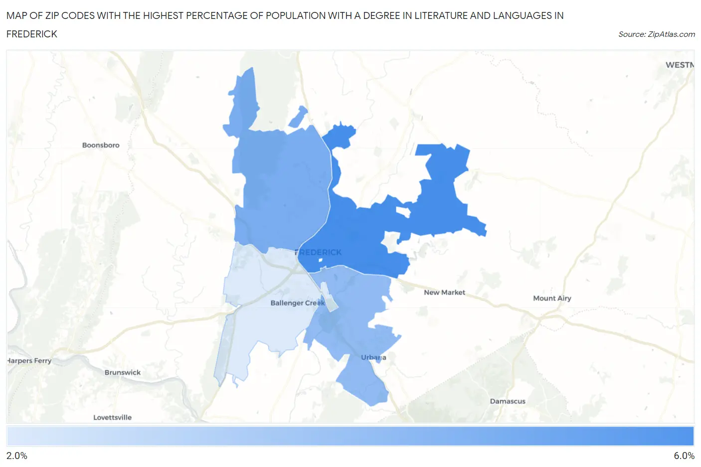 Zip Codes with the Highest Percentage of Population with a Degree in Literature and Languages in Frederick Map
