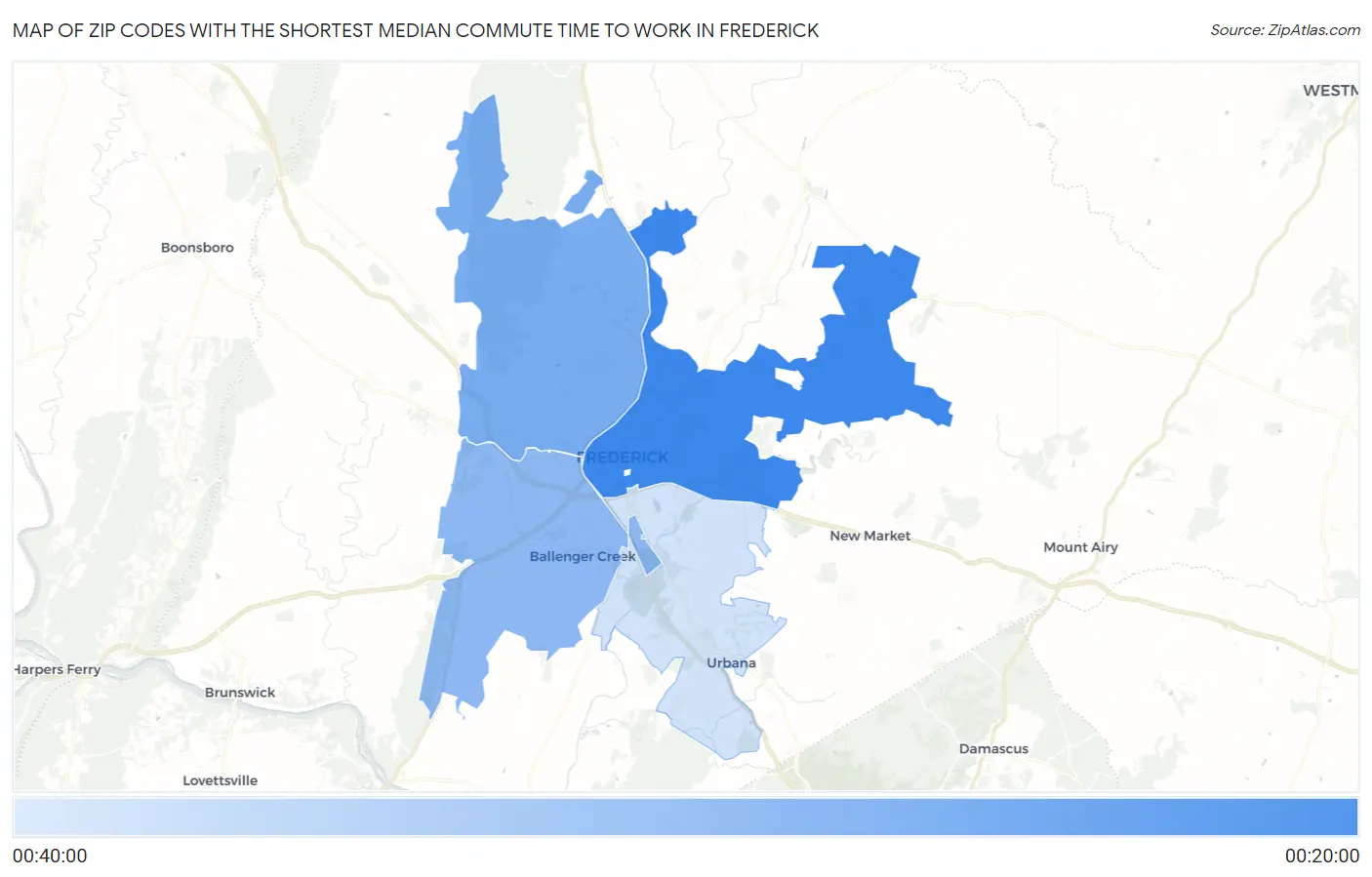 Zip Codes with the Shortest Median Commute Time to Work in Frederick Map