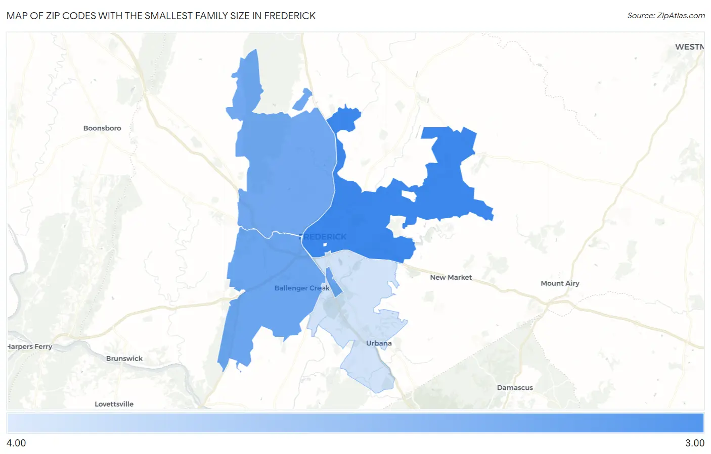 Zip Codes with the Smallest Family Size in Frederick Map