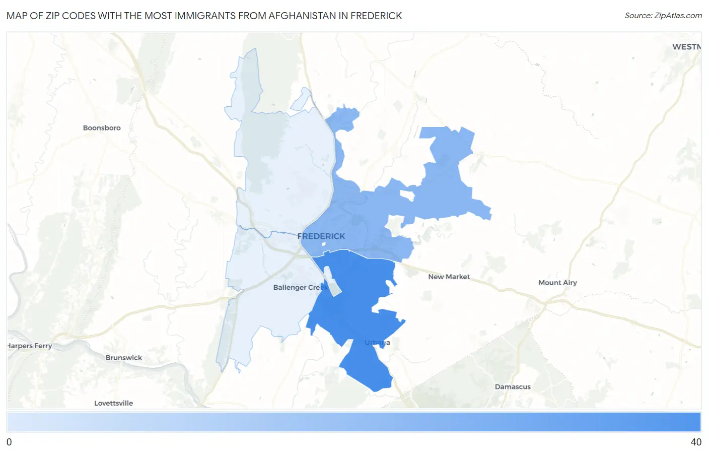 Zip Codes with the Most Immigrants from Afghanistan in Frederick Map