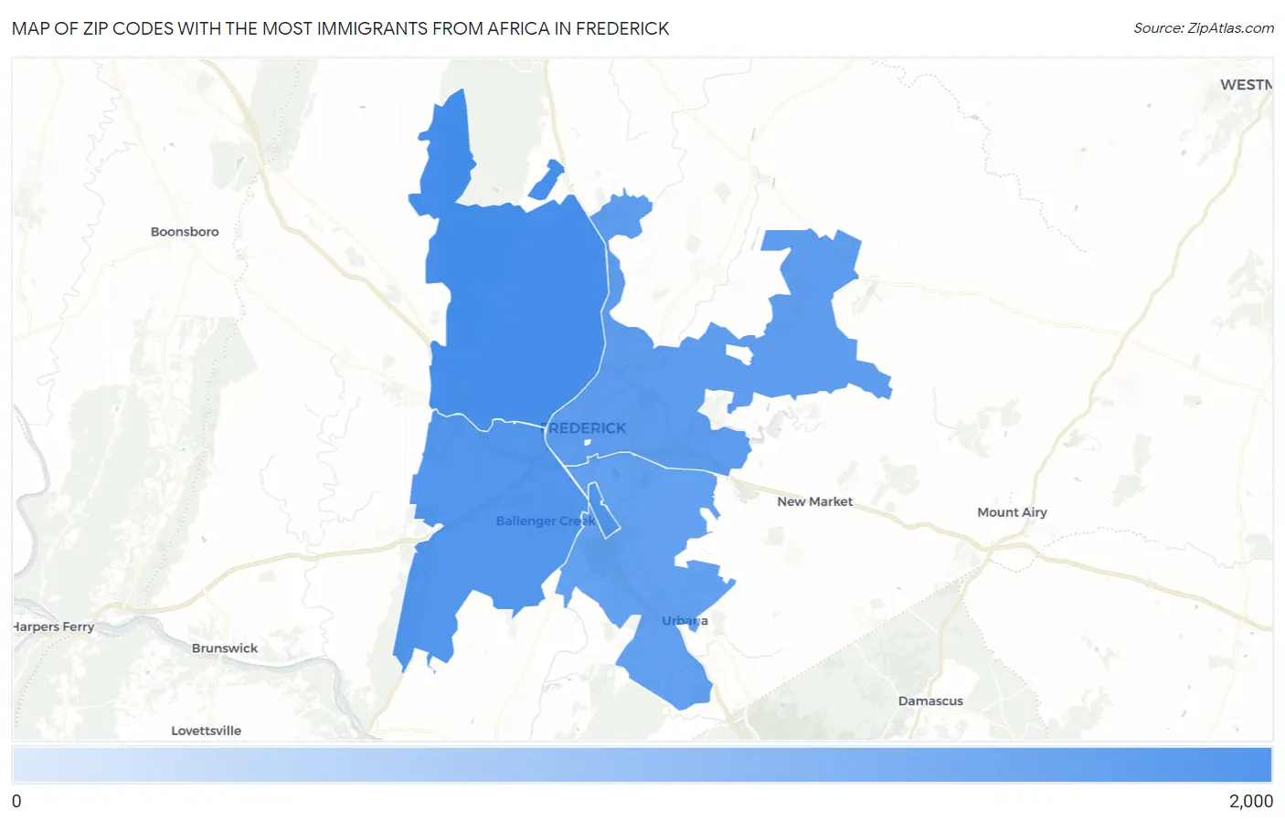 Zip Codes with the Most Immigrants from Africa in Frederick Map