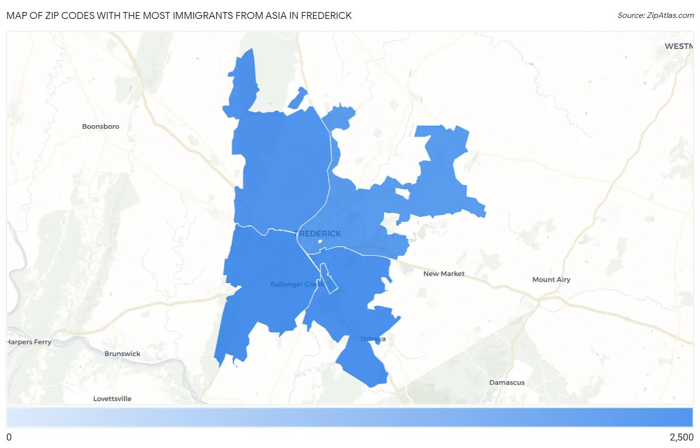 Zip Codes with the Most Immigrants from Asia in Frederick Map