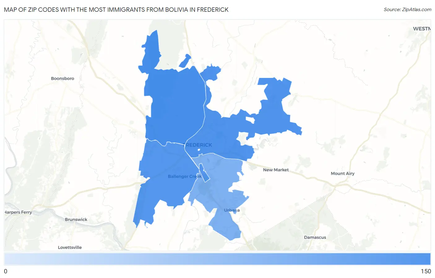 Zip Codes with the Most Immigrants from Bolivia in Frederick Map
