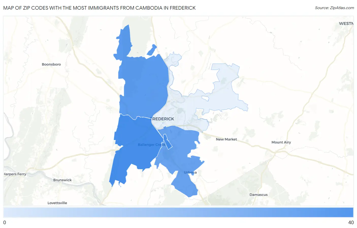 Zip Codes with the Most Immigrants from Cambodia in Frederick Map