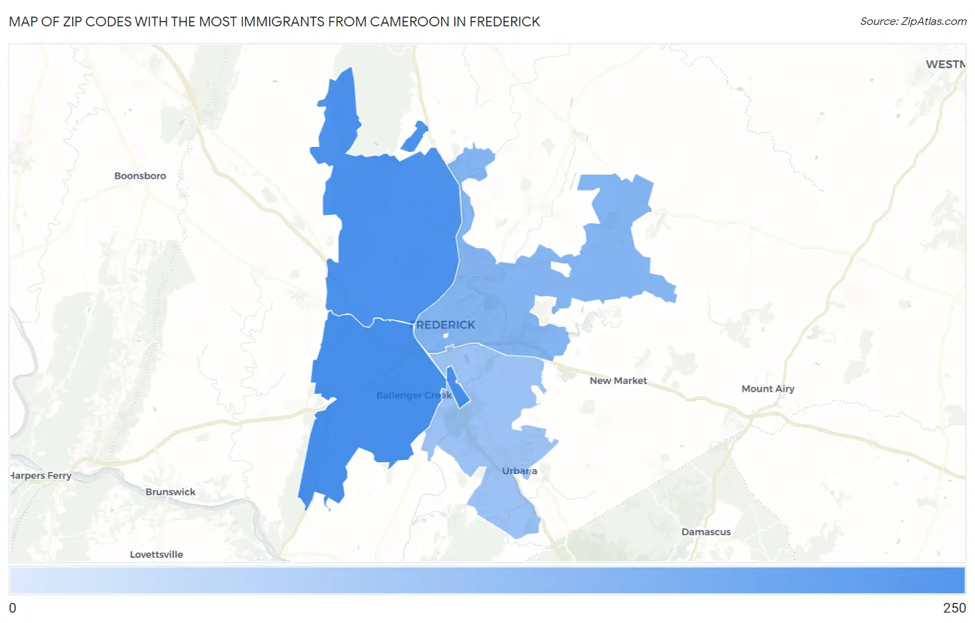 Zip Codes with the Most Immigrants from Cameroon in Frederick Map