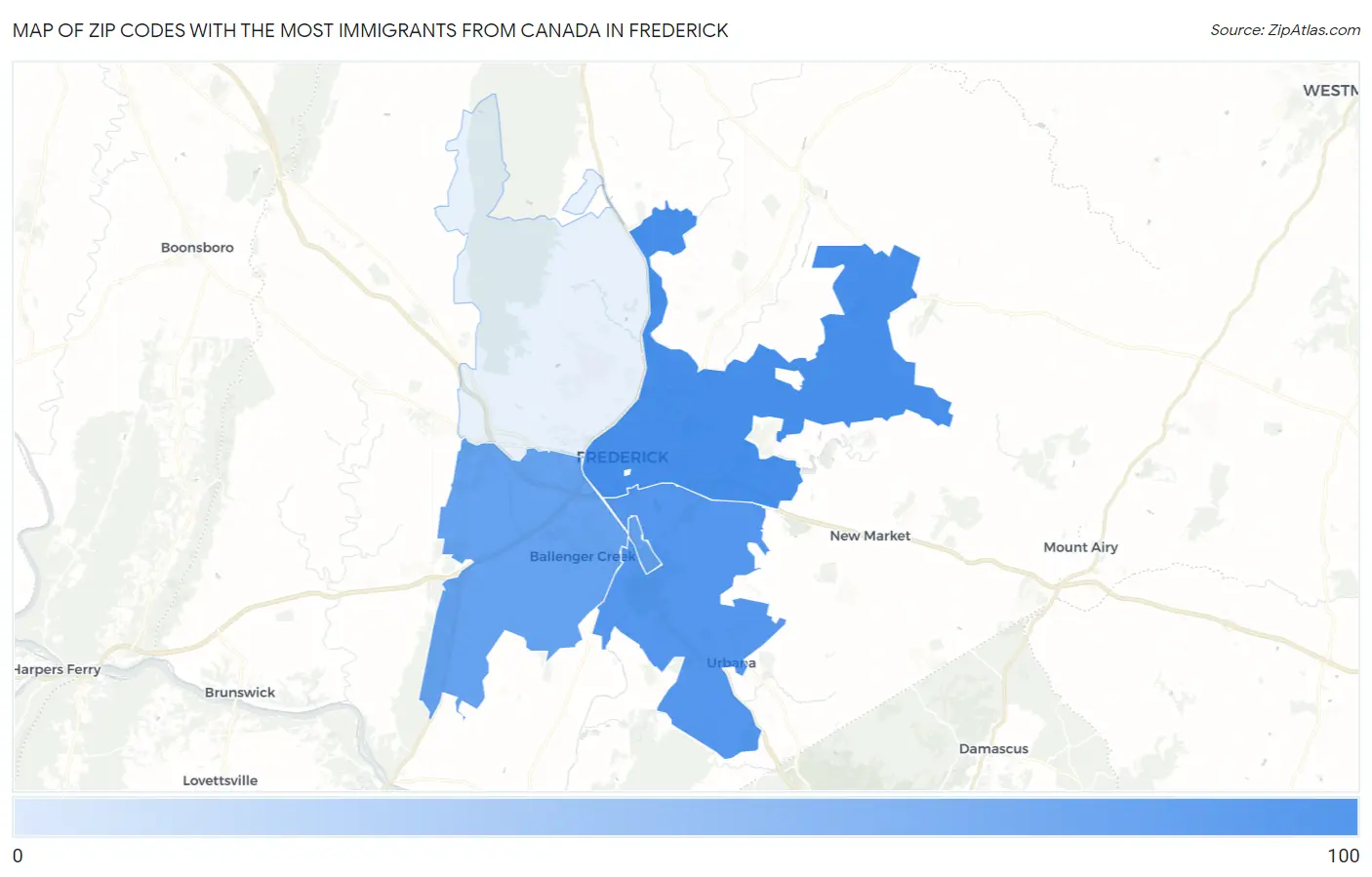 Zip Codes with the Most Immigrants from Canada in Frederick Map