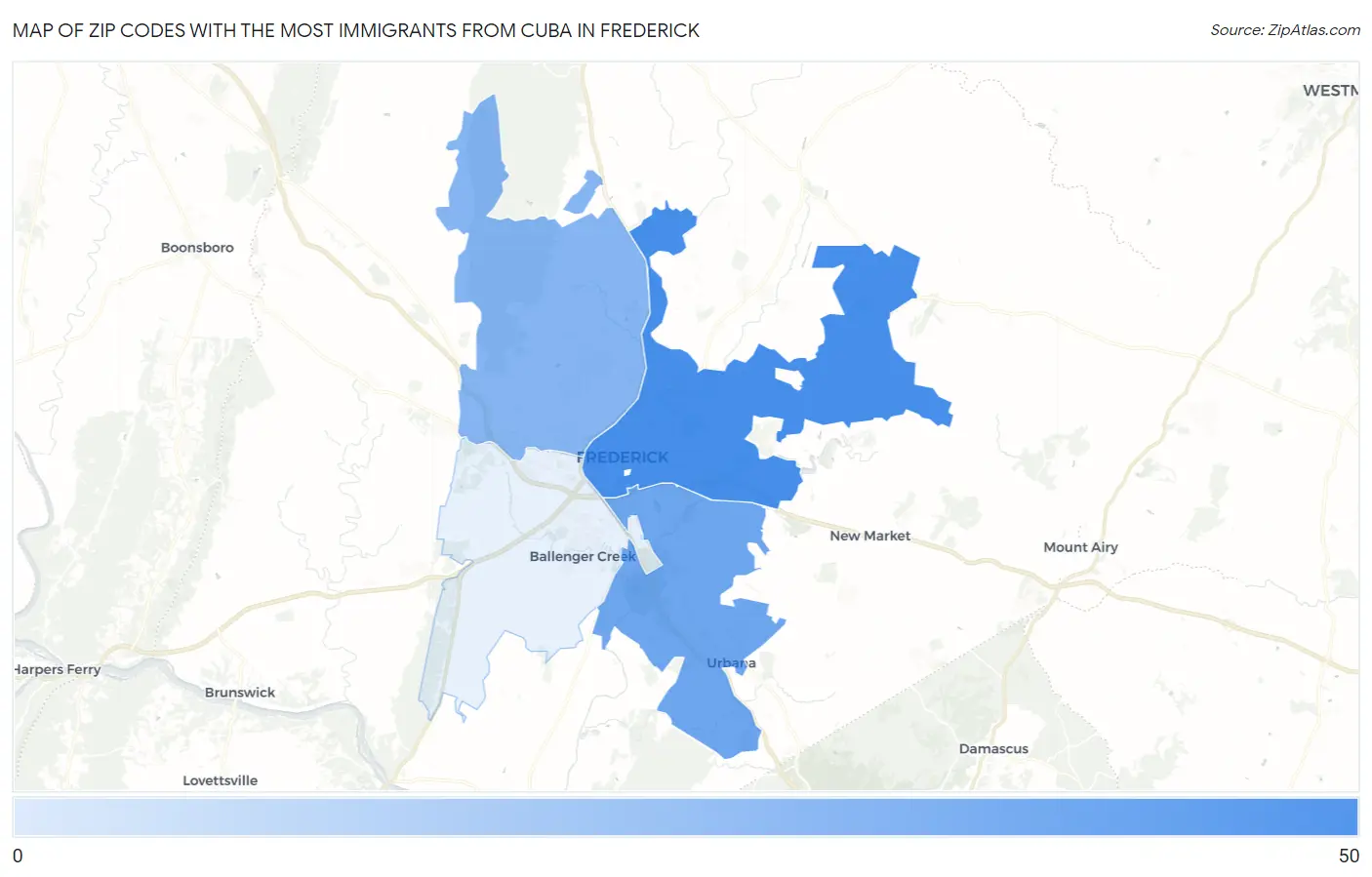 Zip Codes with the Most Immigrants from Cuba in Frederick Map