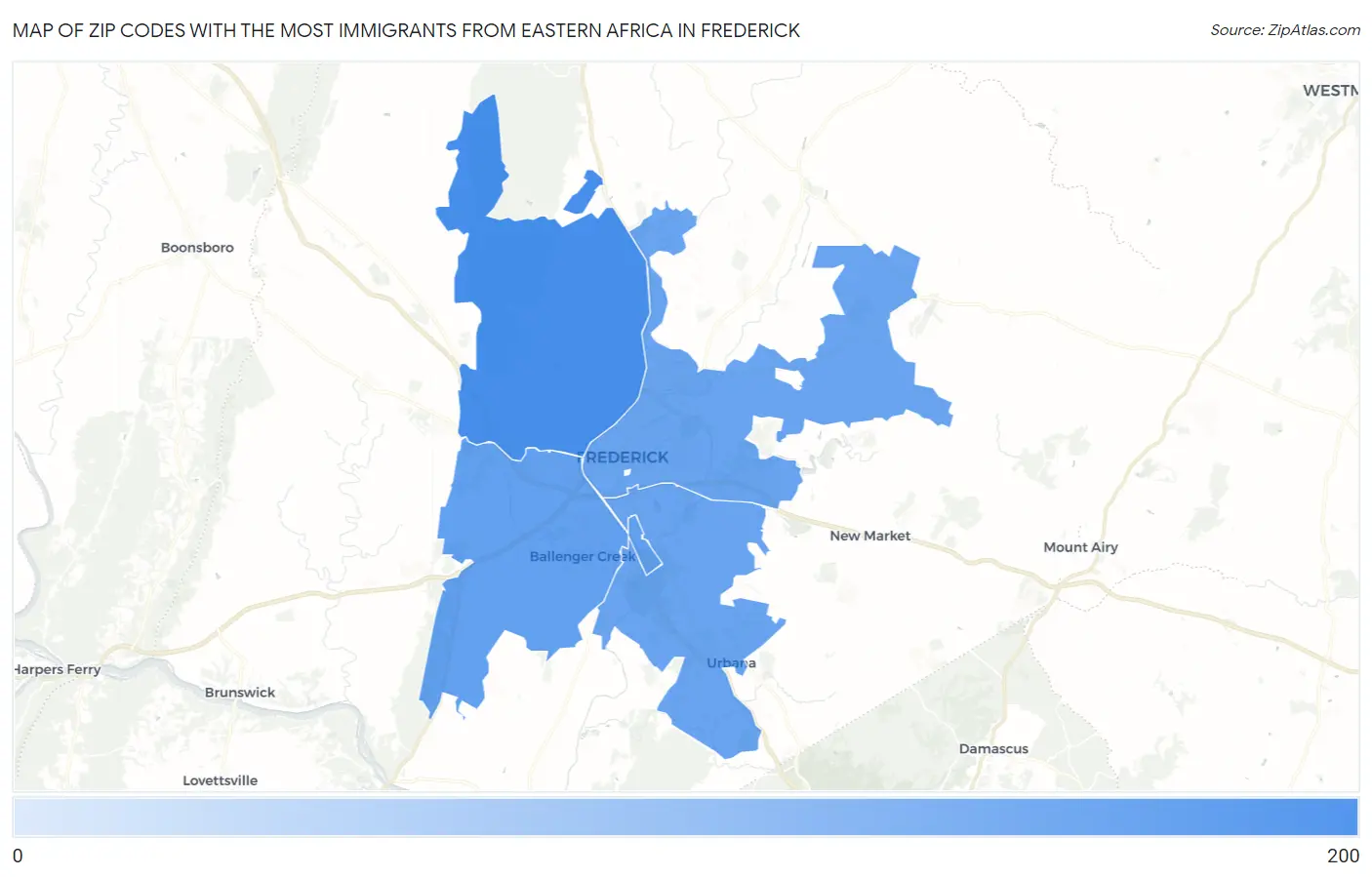 Zip Codes with the Most Immigrants from Eastern Africa in Frederick Map