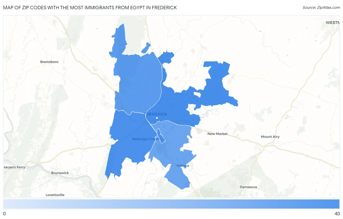 Zip Codes with the Most Immigrants from Egypt in Frederick Map