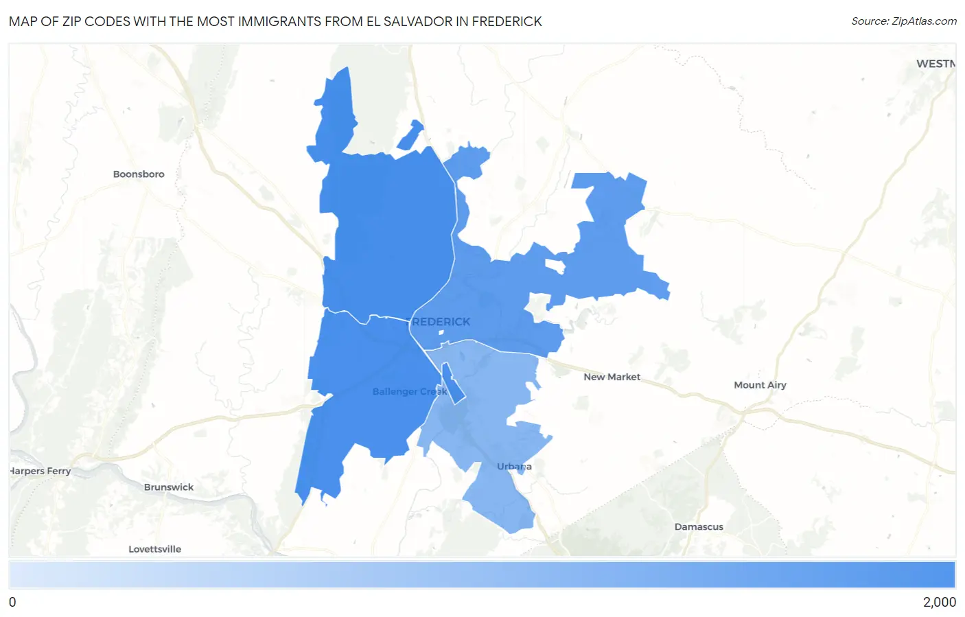 Zip Codes with the Most Immigrants from El Salvador in Frederick Map