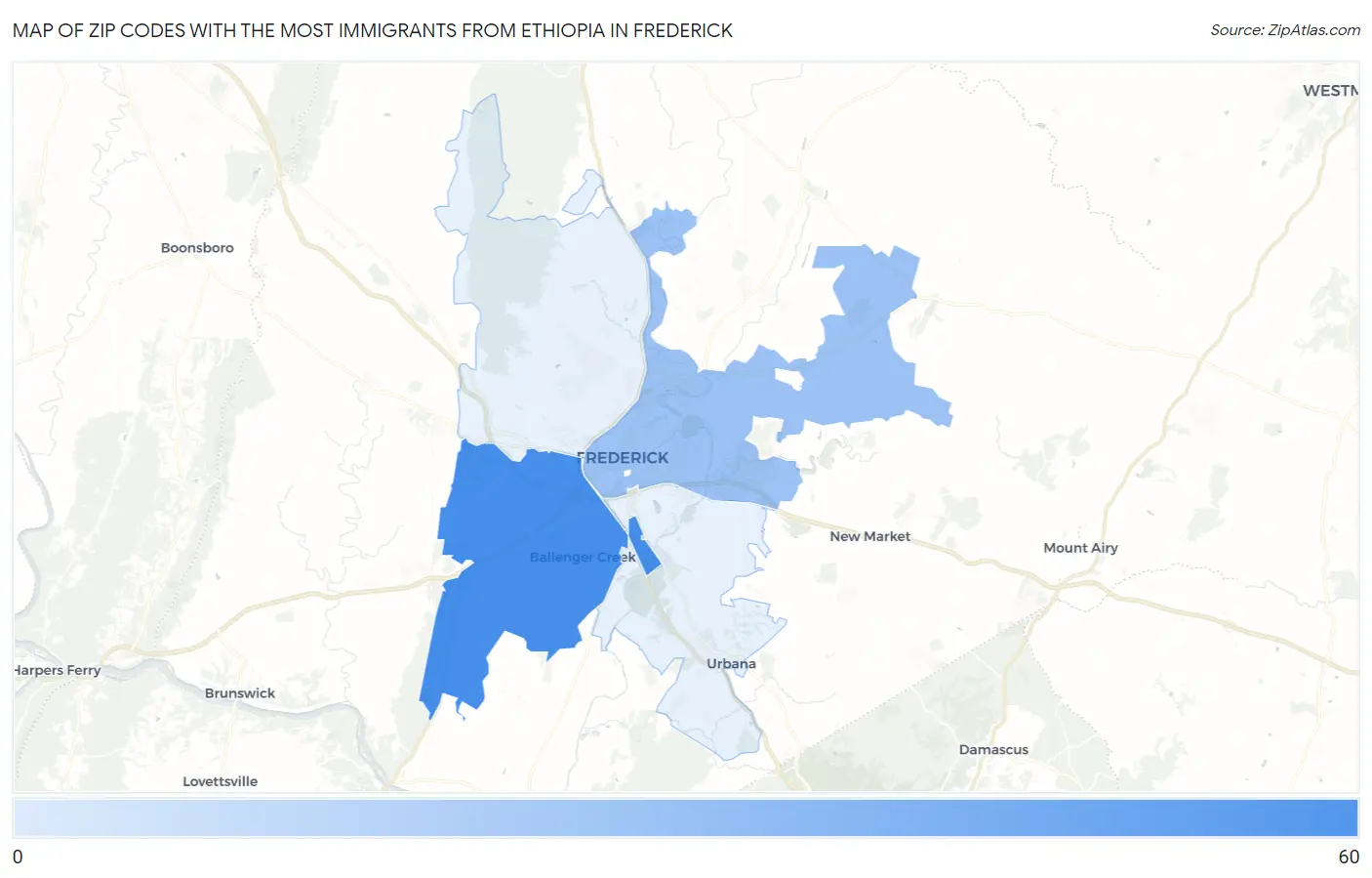 Zip Codes with the Most Immigrants from Ethiopia in Frederick Map
