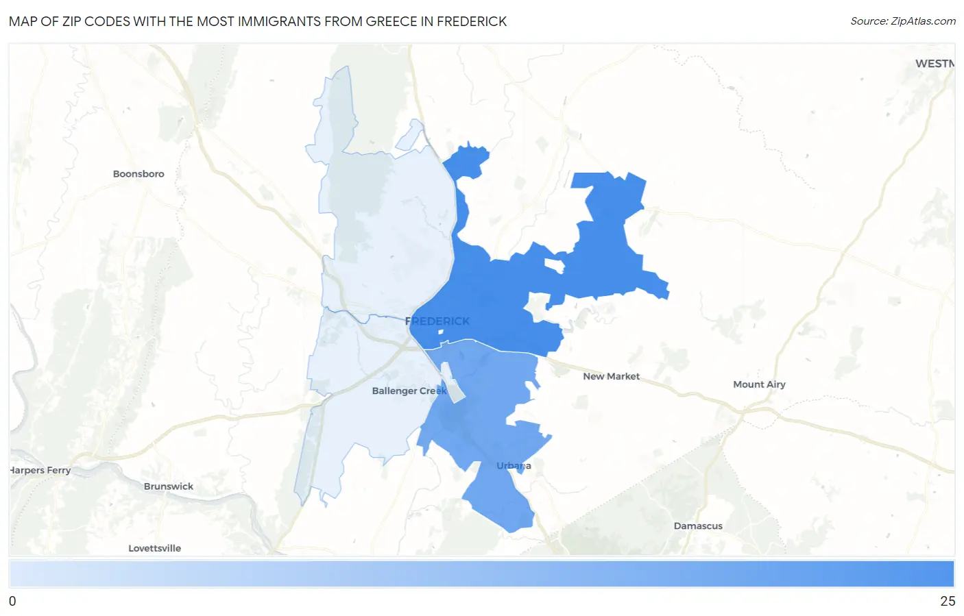 Zip Codes with the Most Immigrants from Greece in Frederick Map