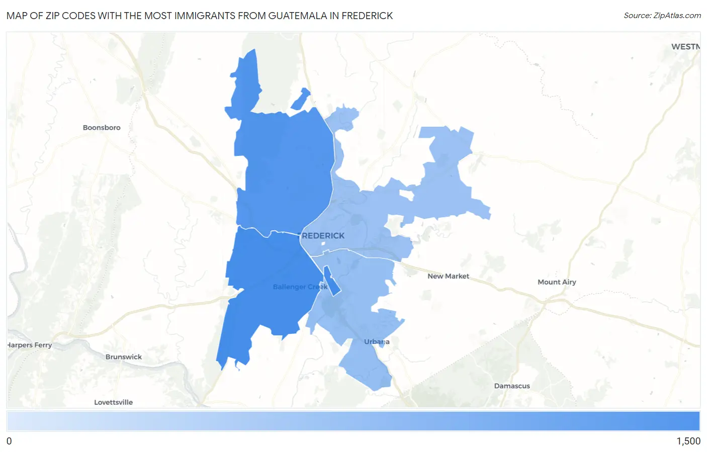 Zip Codes with the Most Immigrants from Guatemala in Frederick Map